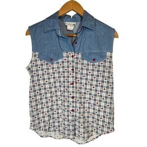 Vtg Katelyn Rose Western Americana Denim Heart Gingham 90s Vest Shirt Large